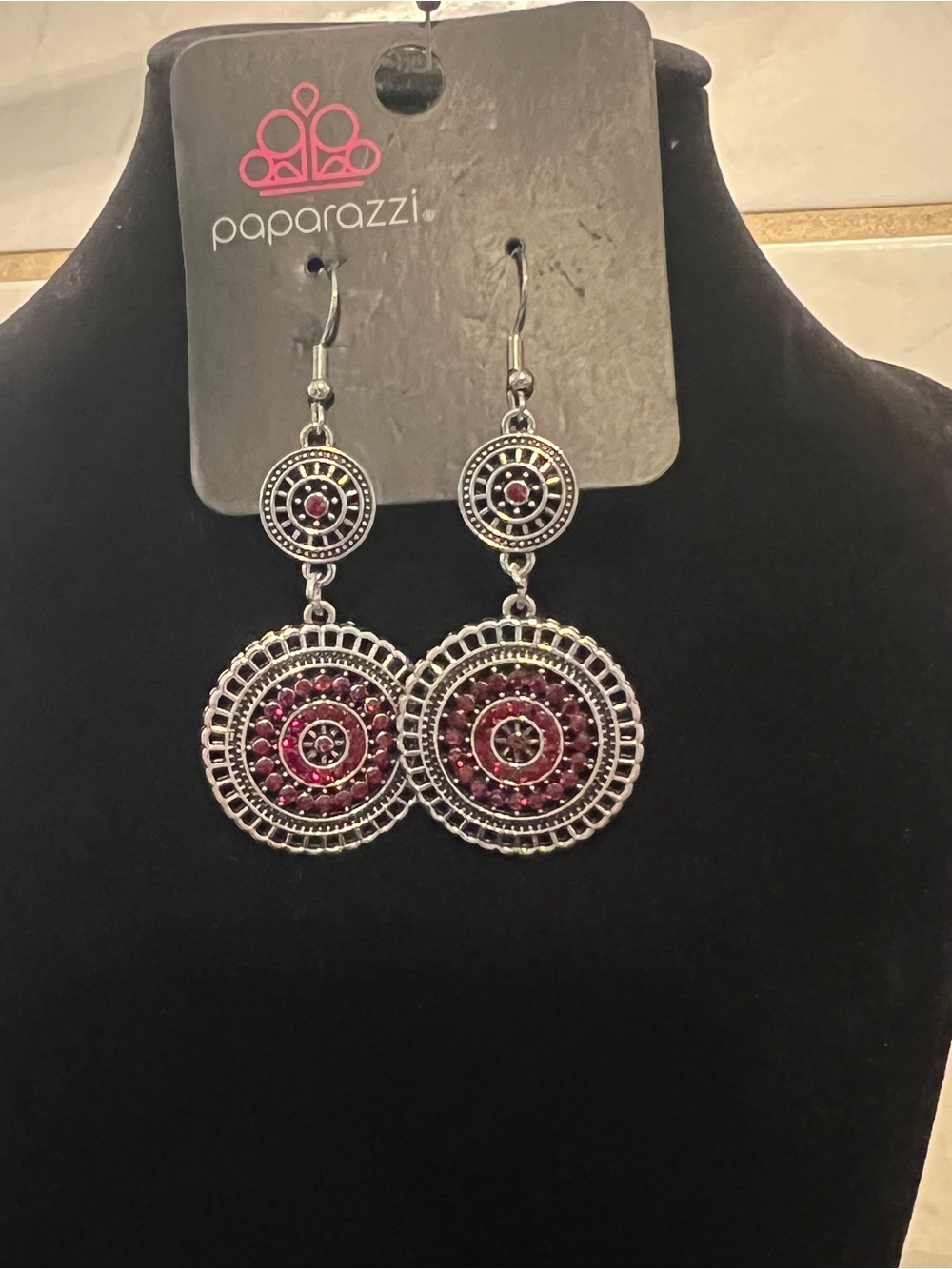 Paparazzi Silver-Tone Circular Drop Earrings with Red Stones